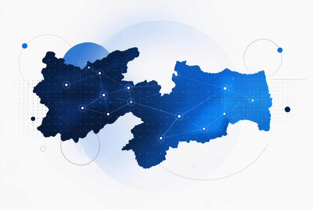 Arte abstrata do mapa da Paraíba em tons de azul, conectando ideias de todo o estado